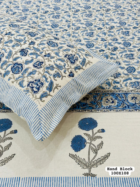 White & Blue Floral Block Print Bedsheet – 100×108″ Set