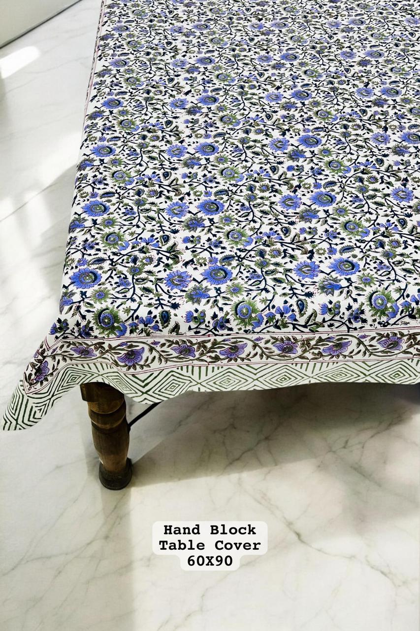 White Cotton Block Printed Table Cover – Blue & Purple Floral Motifs