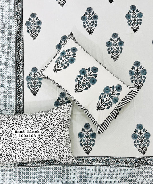 White & Grey Floral Bedsheet – Block Printed 100×108″ Set
