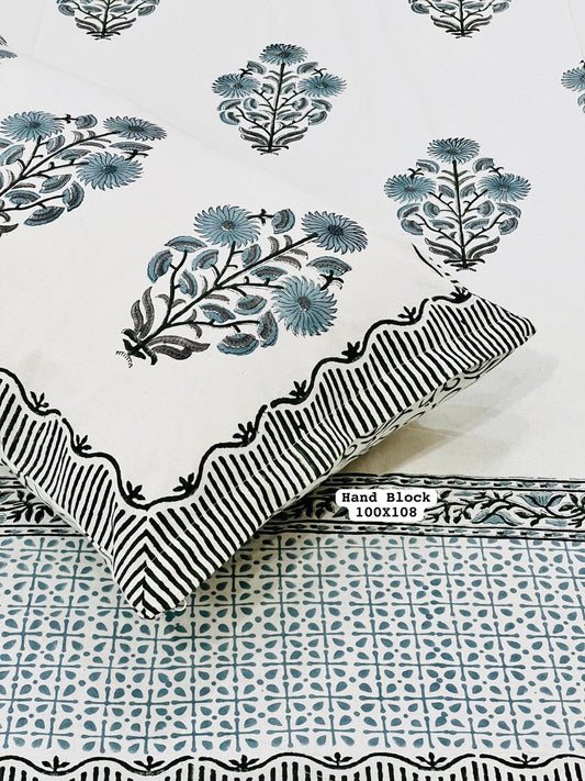 White & Grey Floral Block Printed Bedsheet – 100% Cotton with Border + Pillow Covers (100×108″)