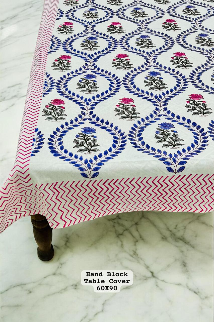 White Hand Block Printed Cotton Table Cover – Blue Leaves & Pink Floral Motifs
