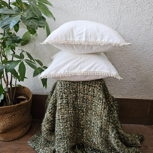White Handcrafted Cushion Cover With Off White Lace