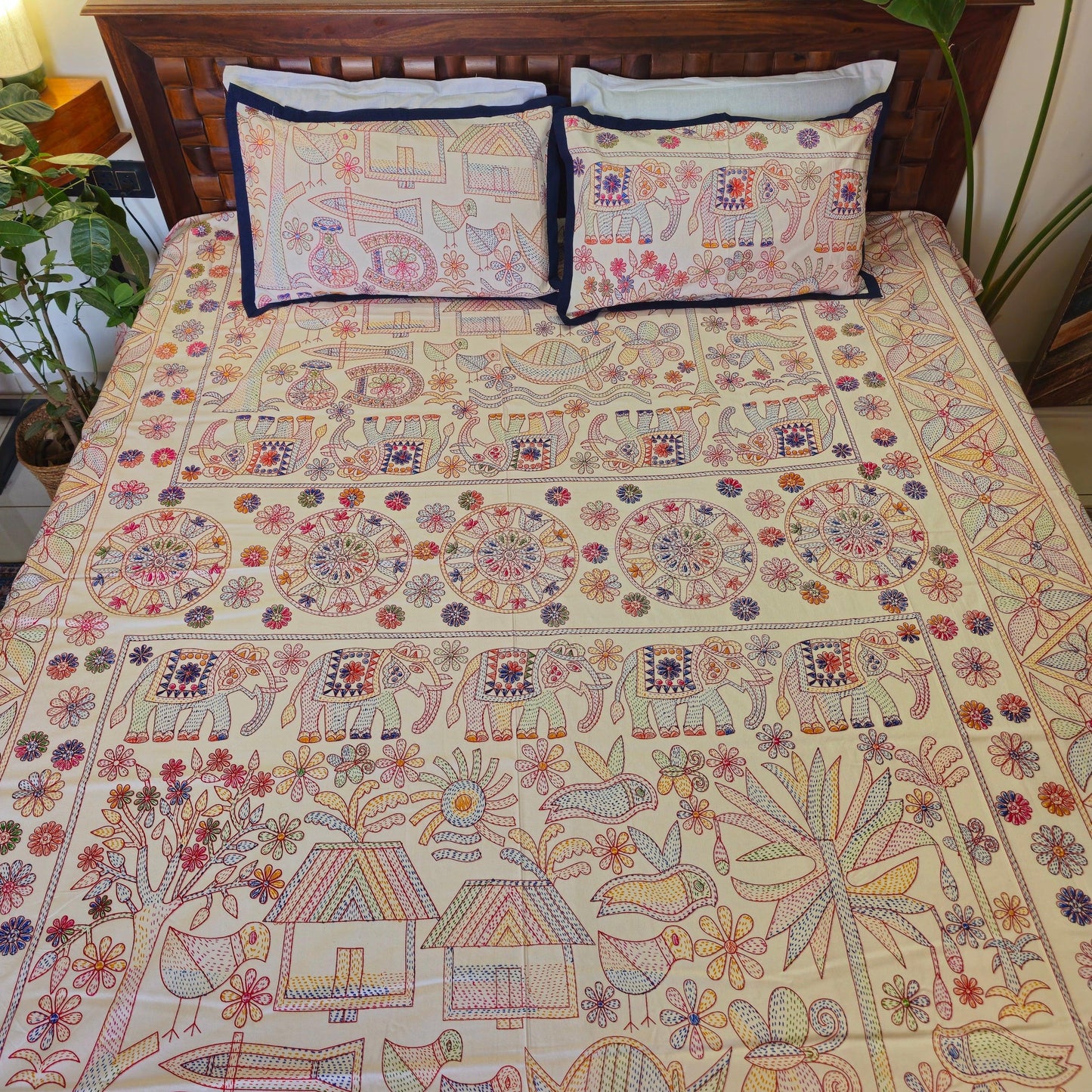 Pure Cotton White Multi Colour Bed Sheet With Blue Border