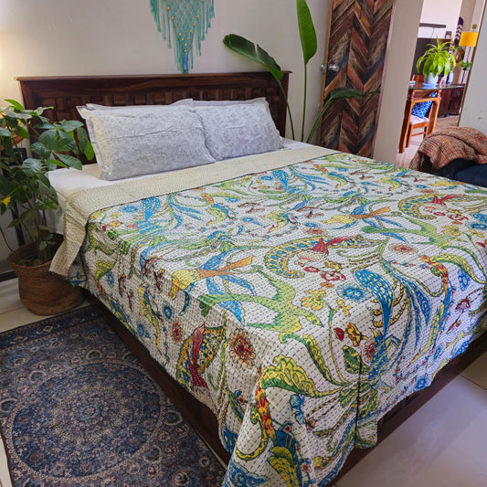 Tropical Print Kantha Work Bedcover