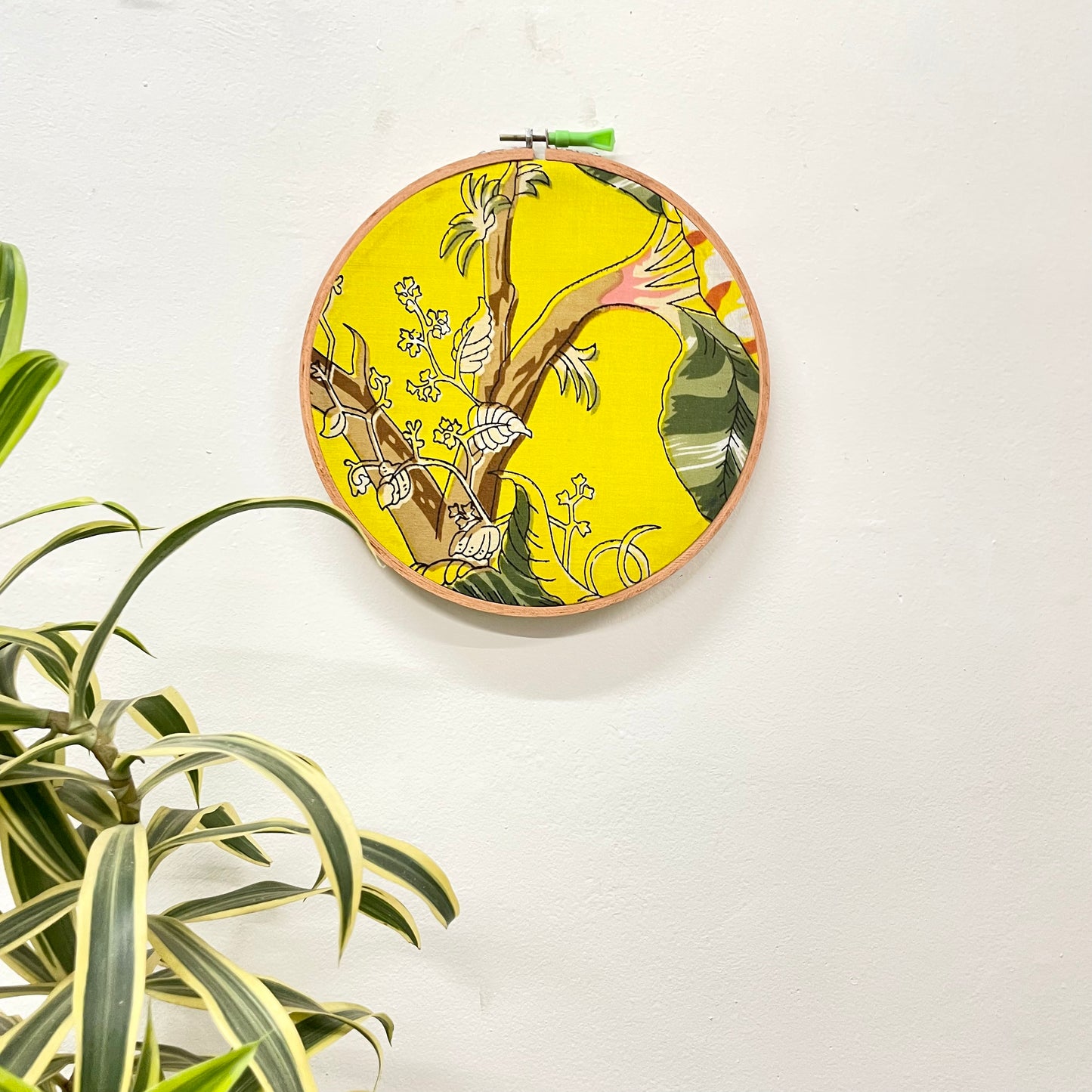 Yellow Fabric Embroidery Hoop with Bold Floral Print – Upcycled Material | Multiple Sizes