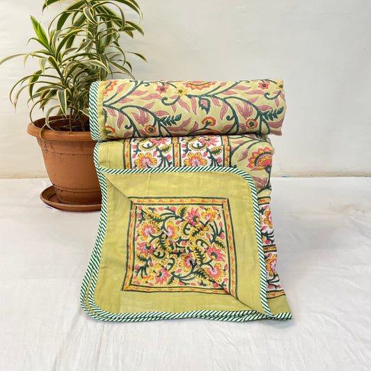 Yellow Floral Print Pure Cotton Reversible Dohar Single Bed Size|image3