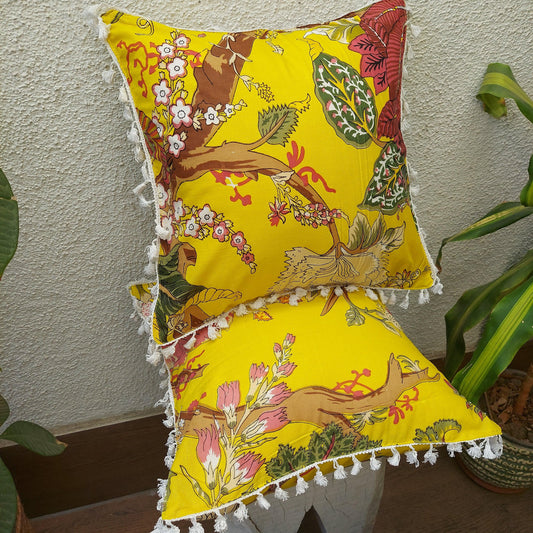 Yellow Flower Print Pure Cotton Cushion Cover With White Lace