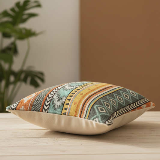 Handloom Cotton Jacquard Cushion Cover | Yellow, Orange & Grey Geometric Stripe