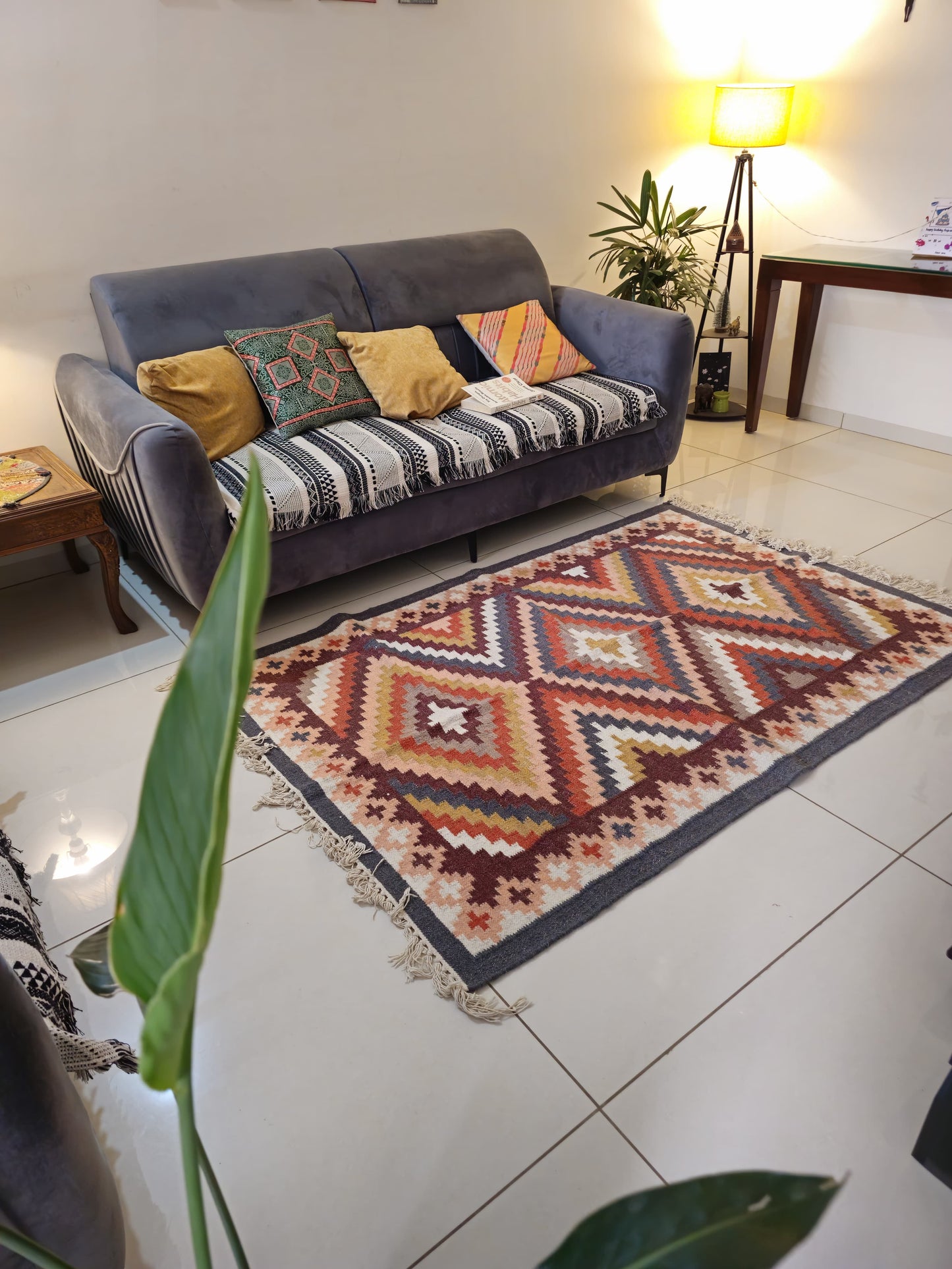 6x4 ft Handwoven Yellow Orange Woollen Rug with Multicolor Diamond Pattern