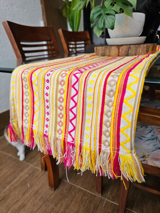 Yellow & Pink Handwoven Cotton Table Runner – Geometric Pattern with Fringes