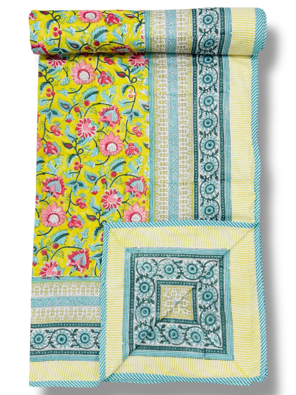 Yellow & Sky Blue Floral Reversible Dohar – Hand Block Printed Cotton, King Size (90×108″)