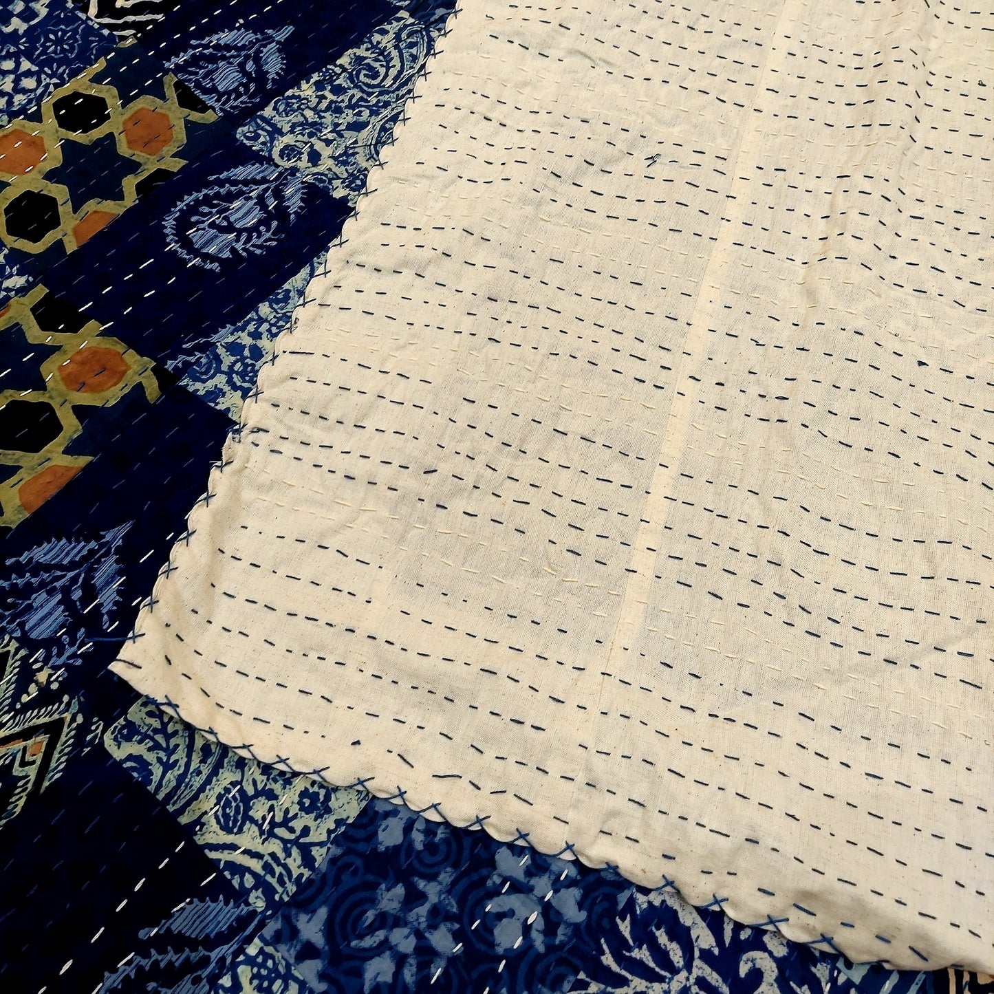 blue patchwork kantha quilt