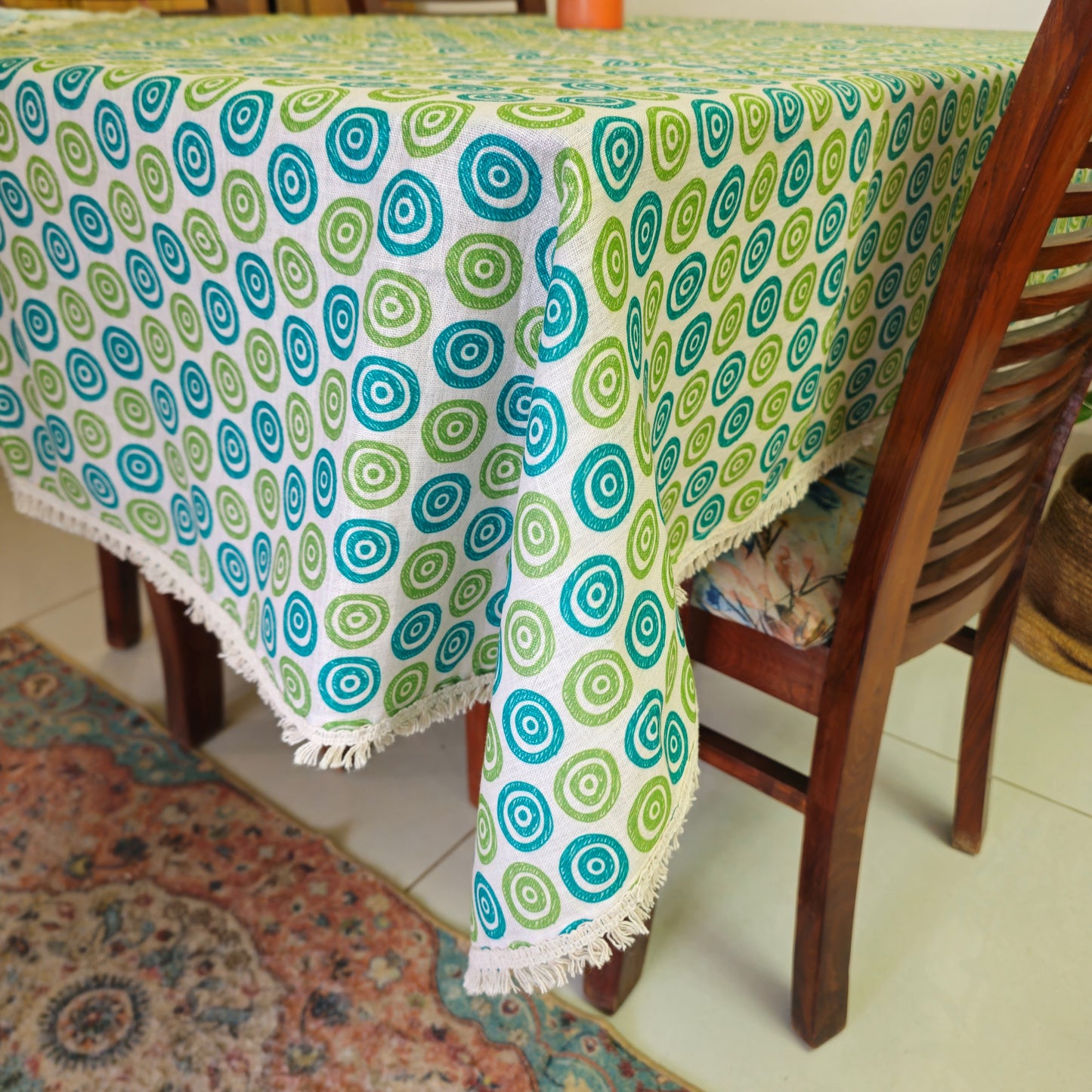 Green Linen Table Cover – Doodled Rings Print with Vintage Cotton Tasseled Lace