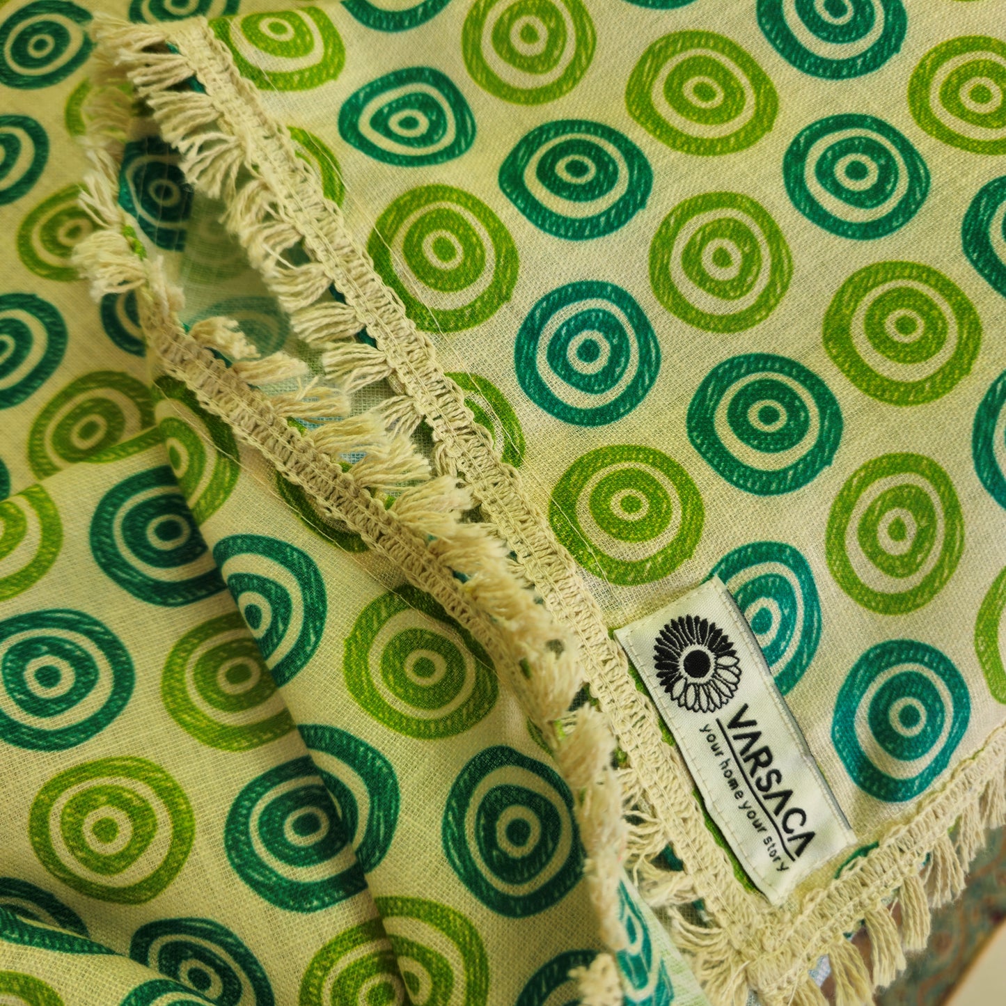 Green Linen Table Cover – Doodled Rings Print with Vintage Cotton Tasseled Lace