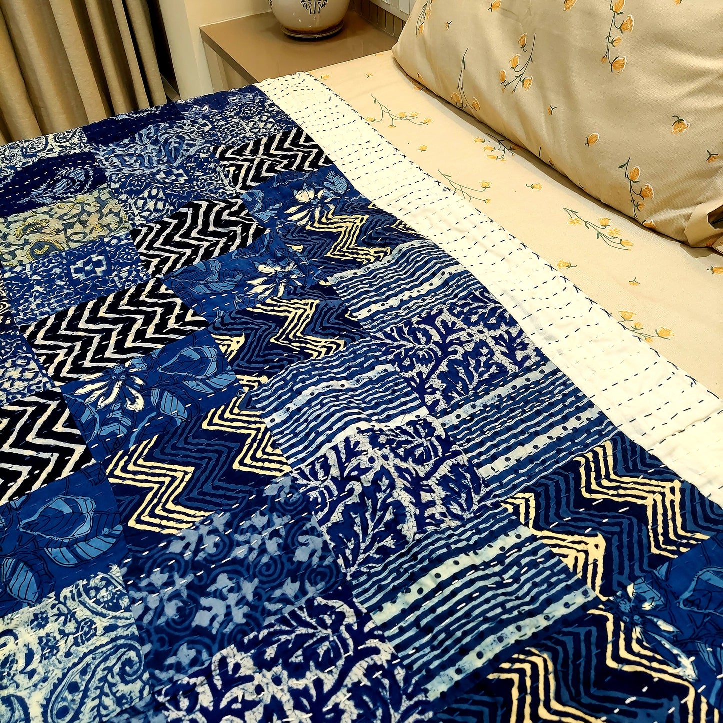 hand-stitched indigo kantha bedcover
