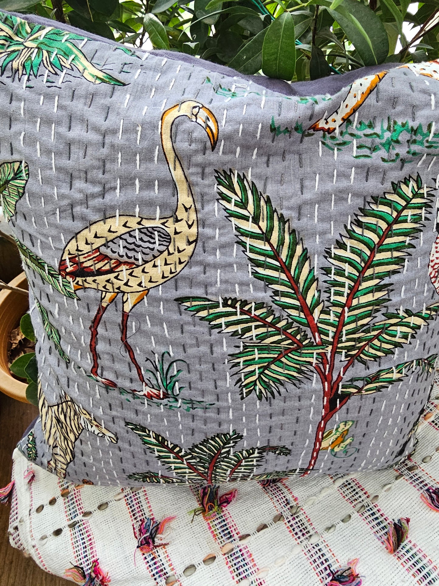 hand-stitched kantha pillow cover grey