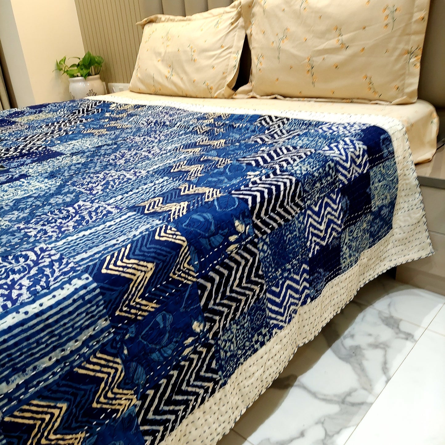 indigo patchwork kantha bedcover