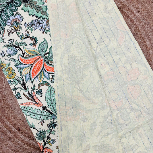 Close-up of a floral-patterned fabric strip and a textured fabric surface.