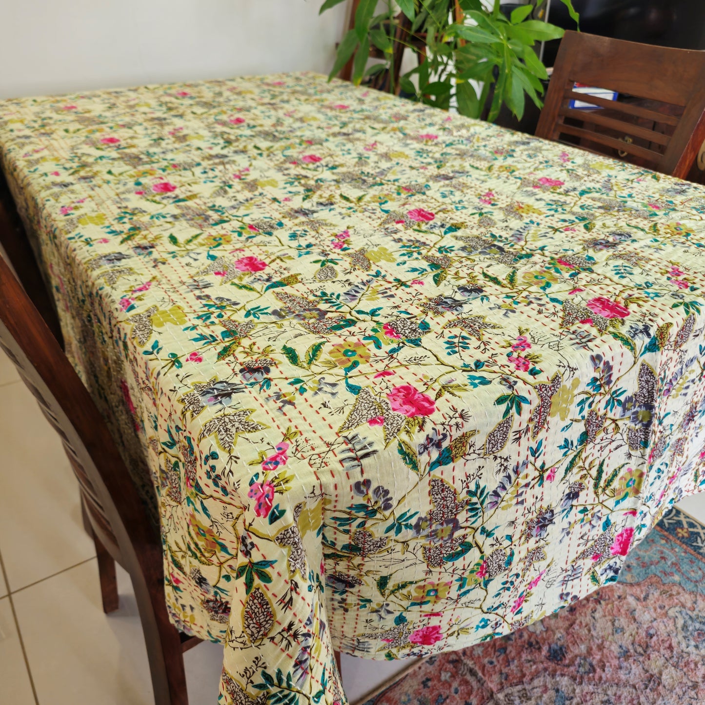 Beige Floral Cotton Table Cover – Elegant Handcrafted Kantha Work