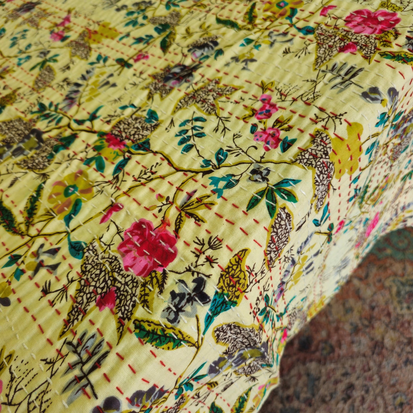 Beige Floral Cotton Table Cover – Elegant Handcrafted Kantha Work