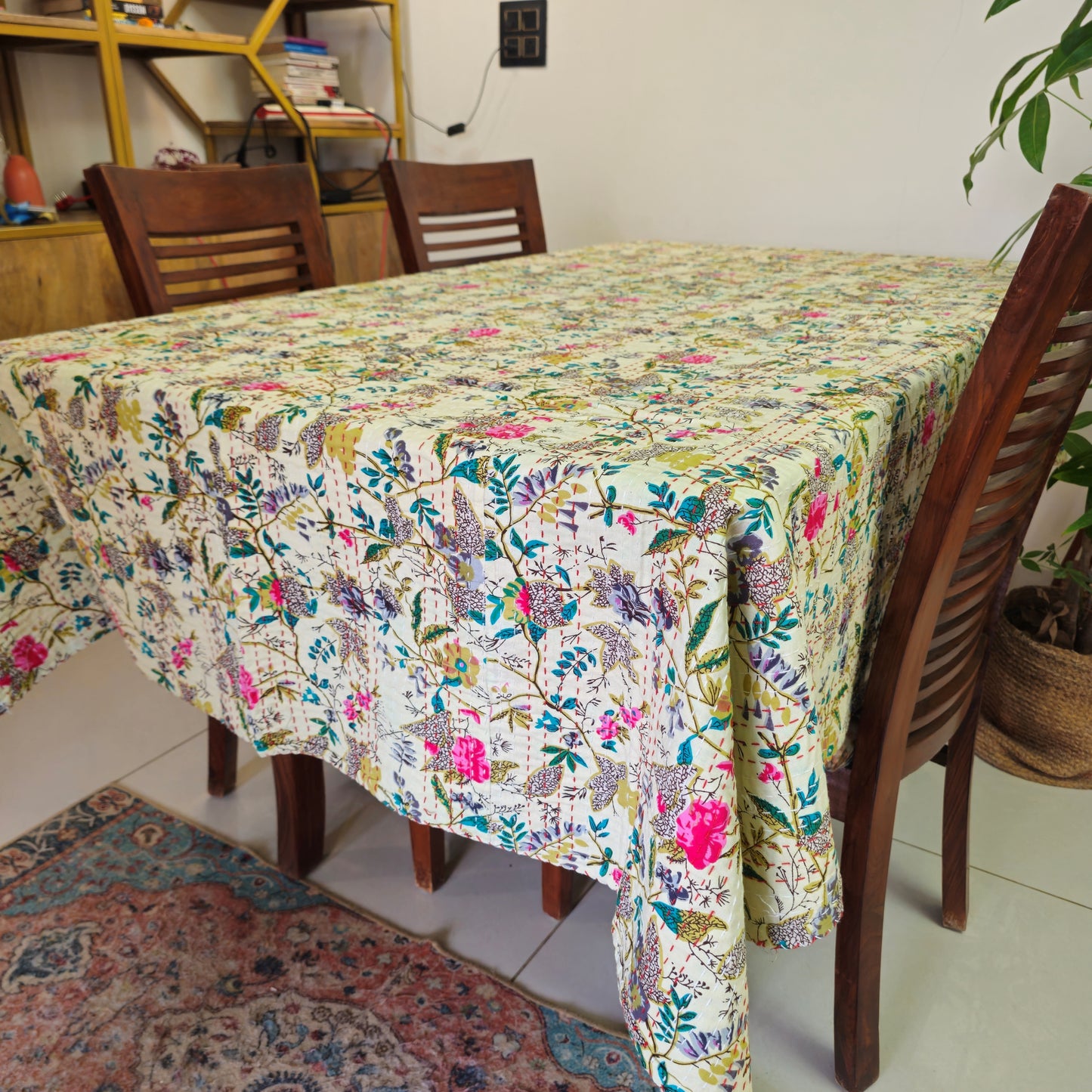 Beige Floral Cotton Table Cover – Elegant Handcrafted Kantha Work