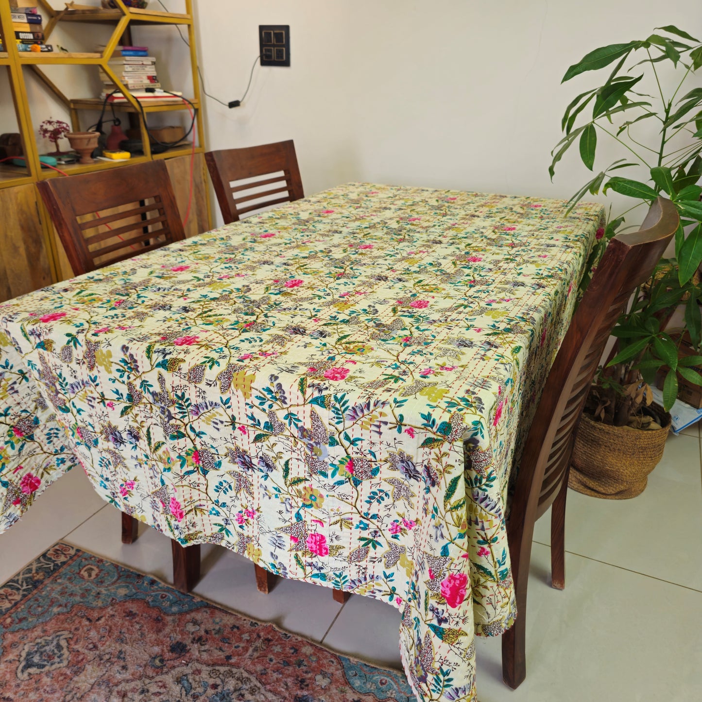 Beige Floral Cotton Table Cover – Elegant Handcrafted Kantha Work