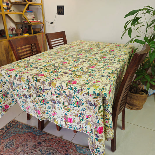 Beige Floral Cotton Table Cover – Elegant Handcrafted Kantha Work