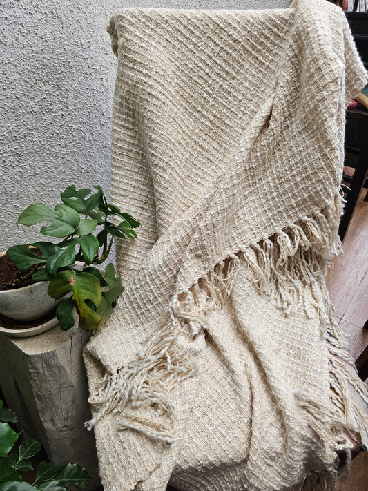 Beige textured throw blanket with tassels draped over a surface with a plant in the foreground.