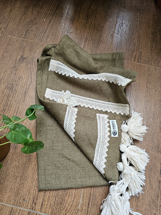 olive green table runner with lace