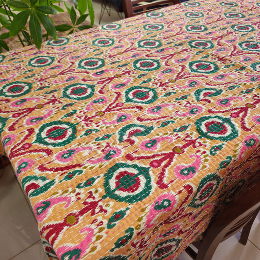 Peach Ikat Table Cover – Handcrafted with Kantha Stitch Detailing