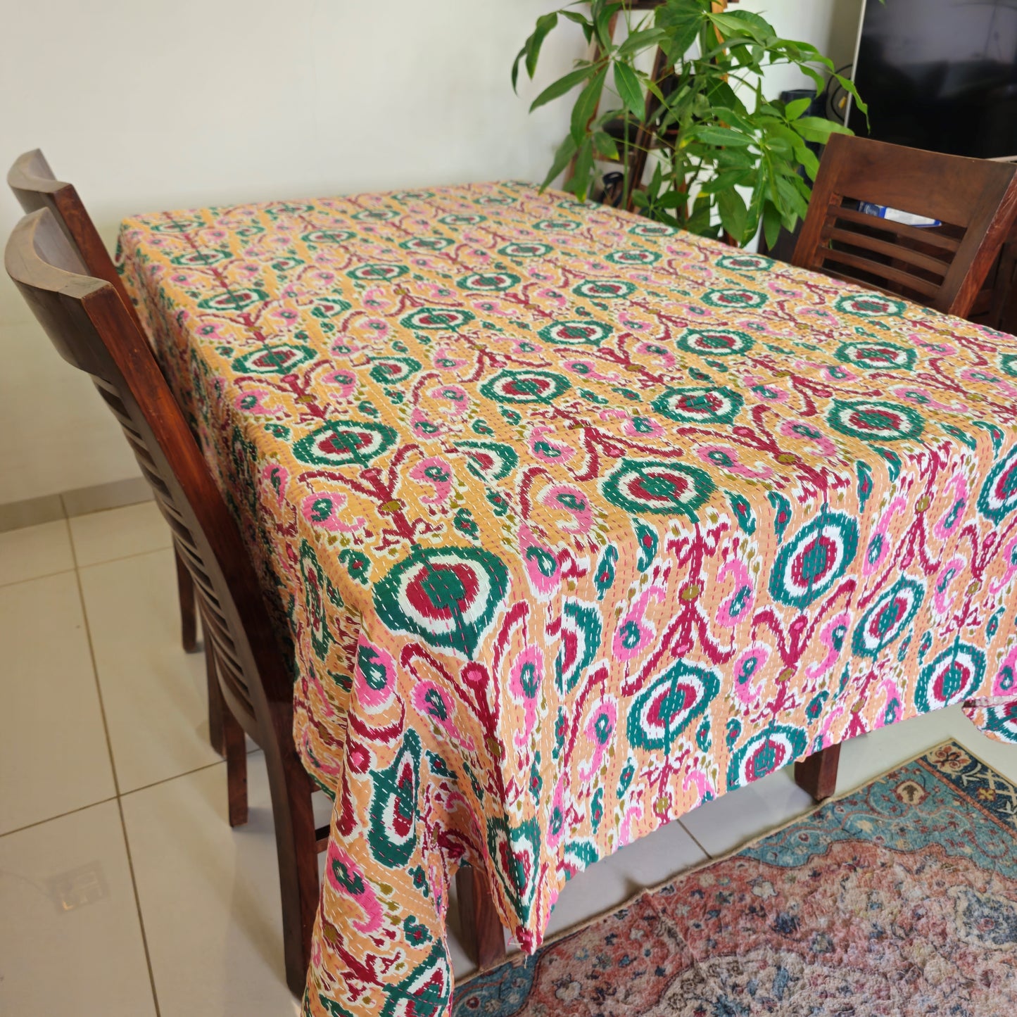 Peach Ikat Table Cover – Handcrafted with Kantha Stitch Detailing