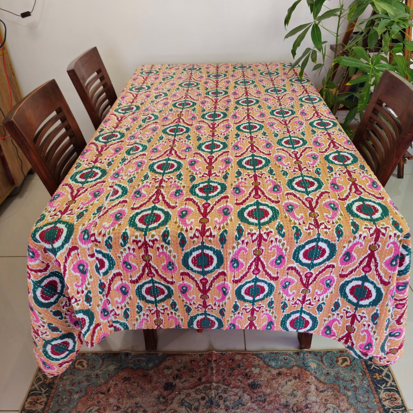 Peach Ikat Table Cover – Handcrafted with Kantha Stitch Detailing