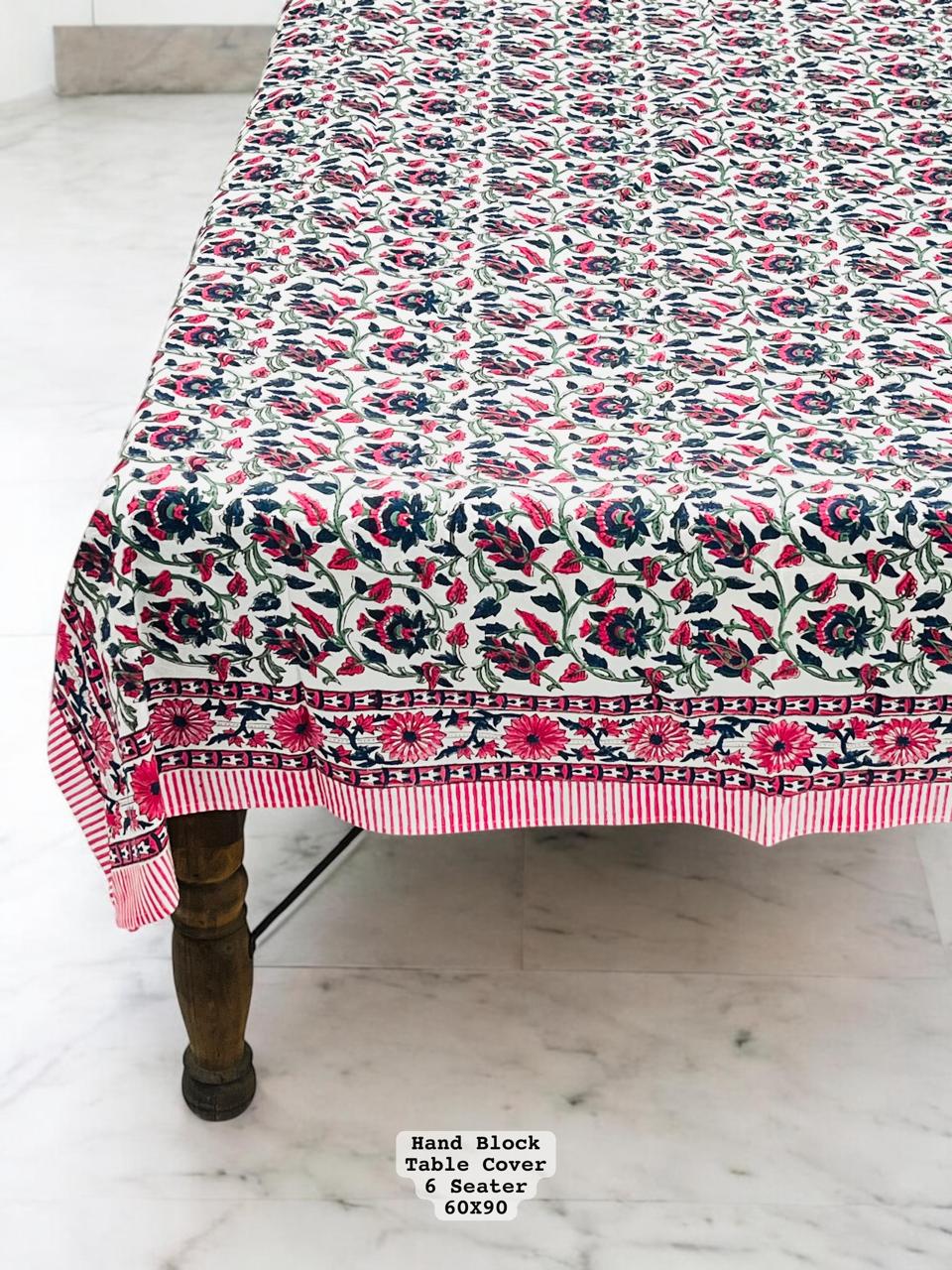 pink floral block printed tablecloth