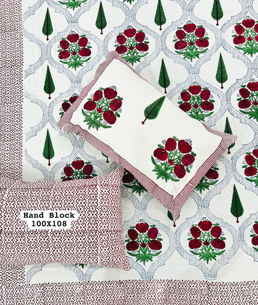 red and green floral bedsheet block printed