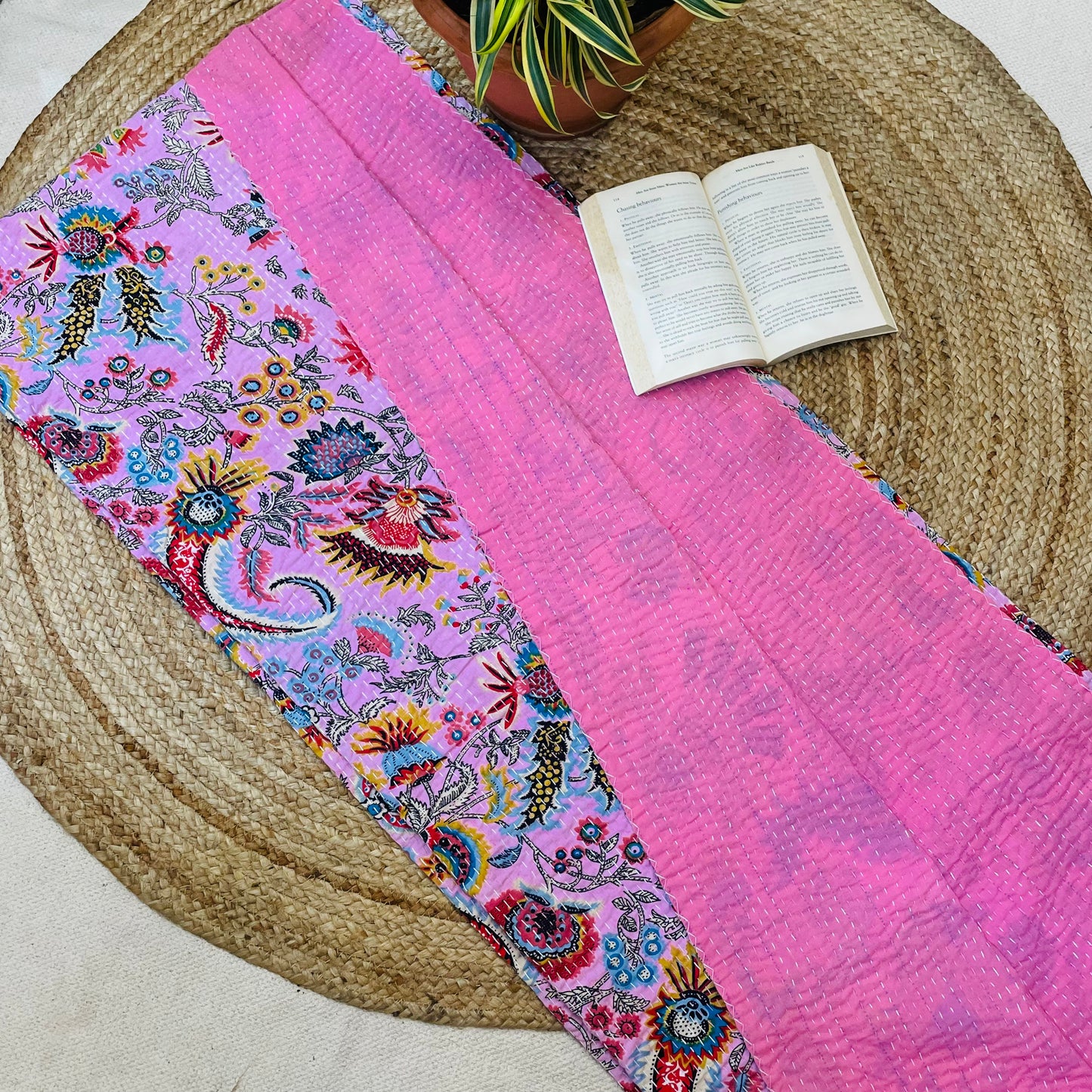 Pink Abstract Dragon Print Kantha Bedcover | Handmade & Artistic