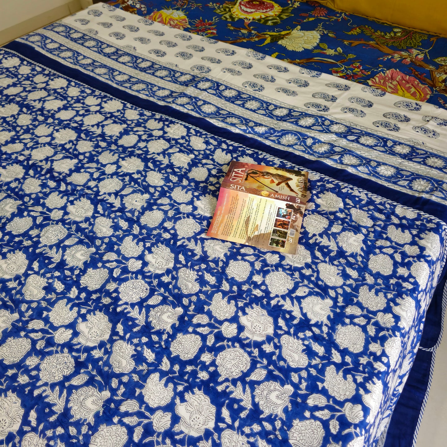 Indigo Blue Floral Print Pure Cotton Reversible Dohar King Size