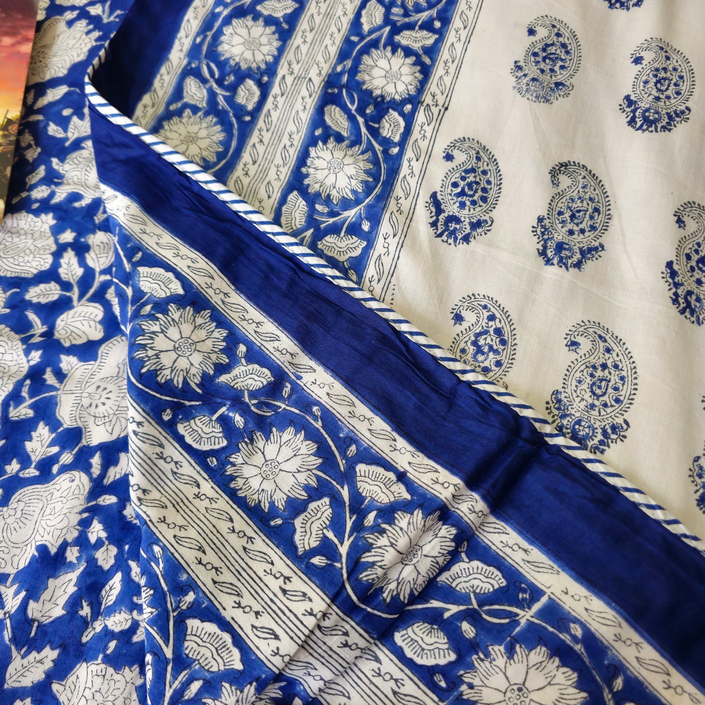 Indigo Blue Floral Print Pure Cotton Reversible Dohar King Size