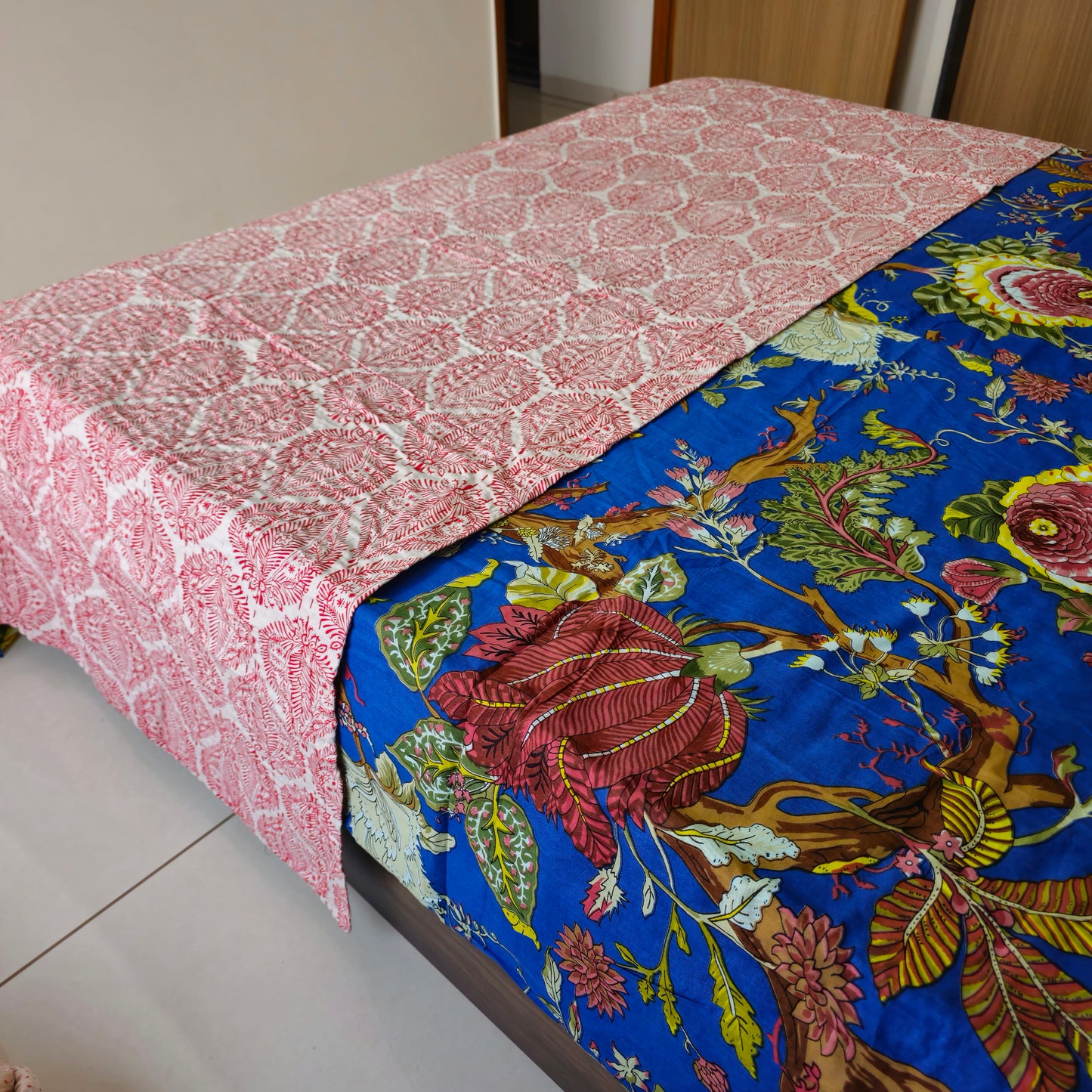 White And Red Kantha Work King Size Bedcover