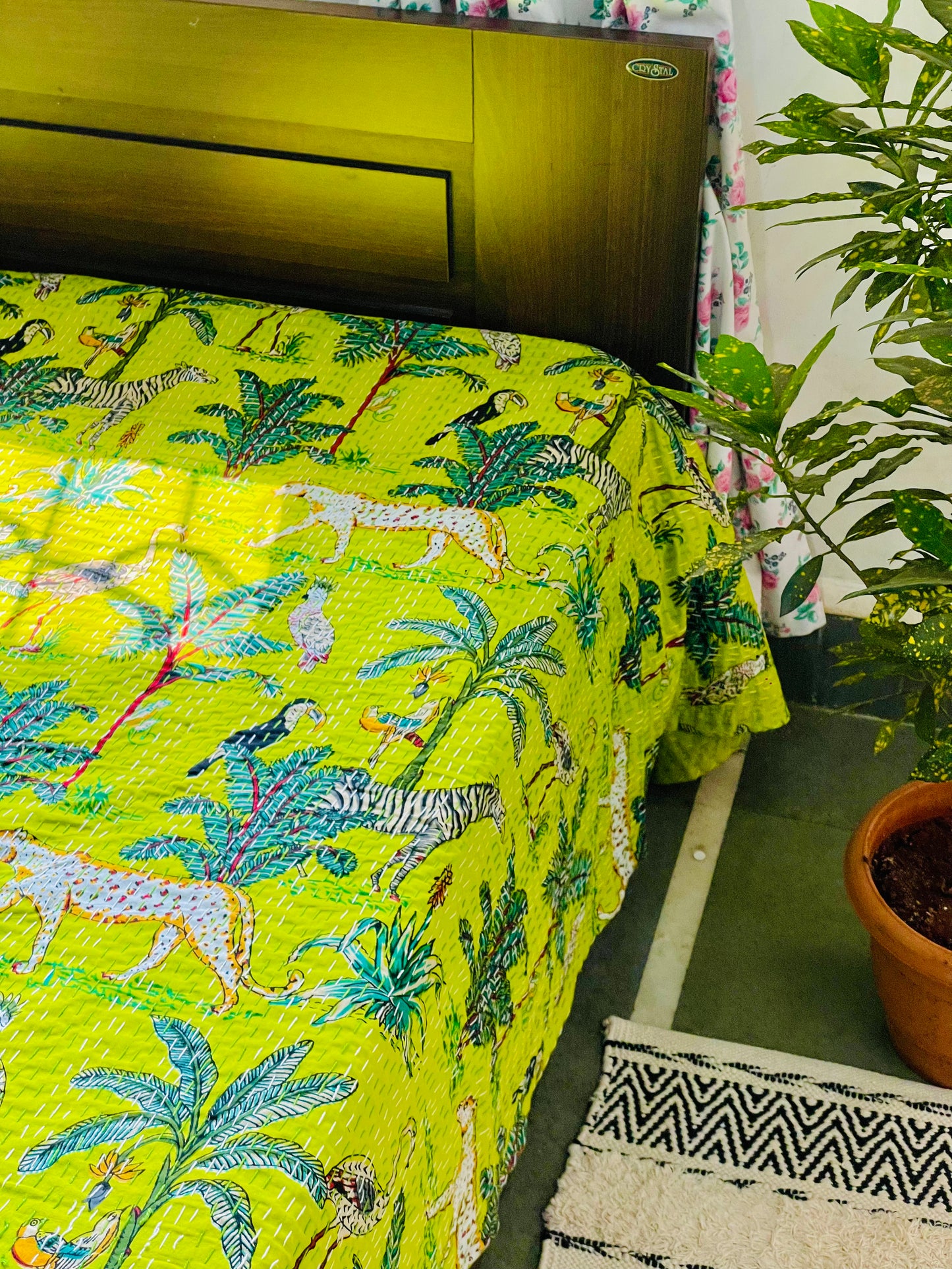 Bright Green Animal Print Kantha Bedcover | Reversible & Handmade
