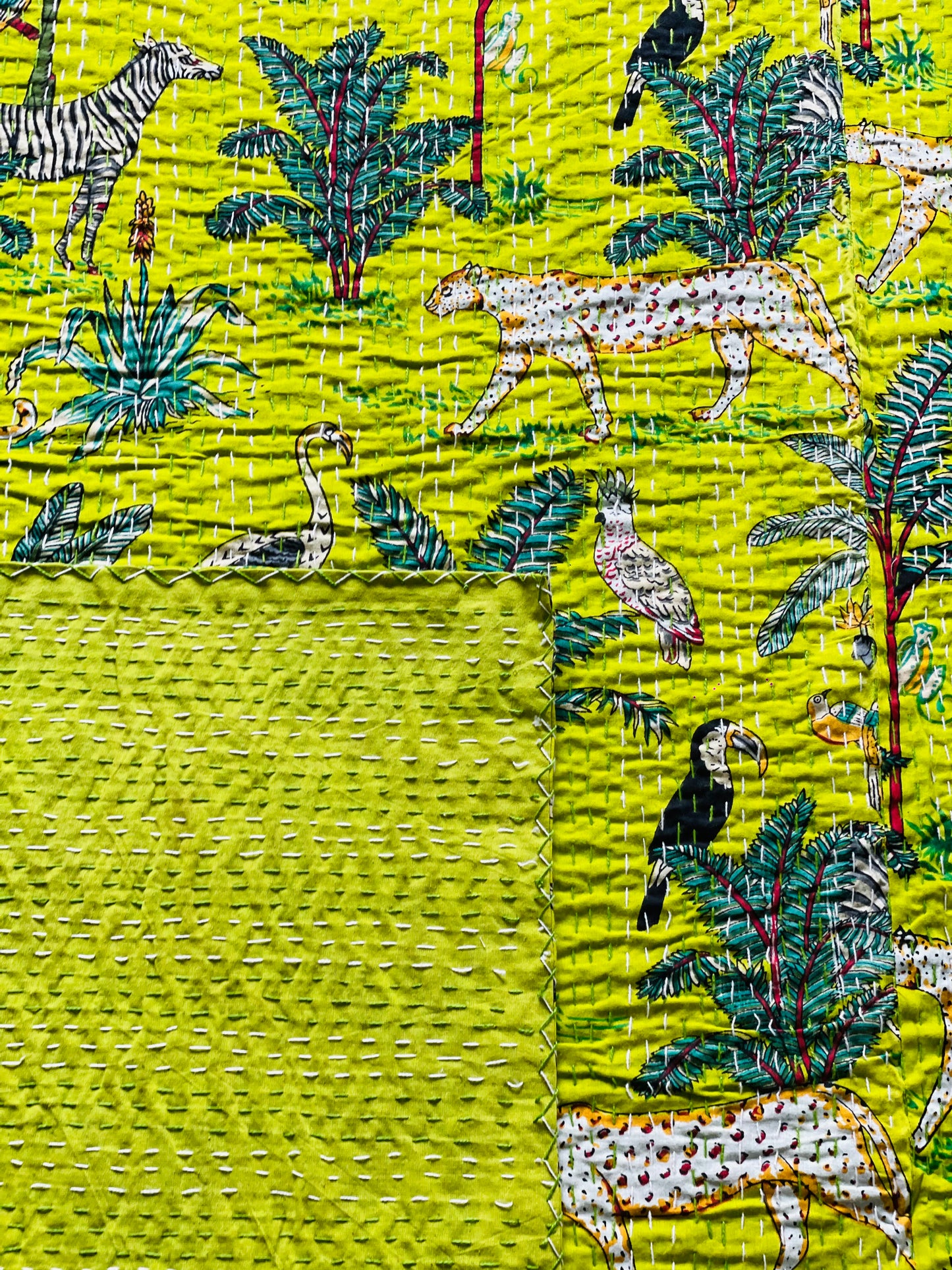 Bright Green Animal Print Kantha Bedcover | Reversible & Handmade