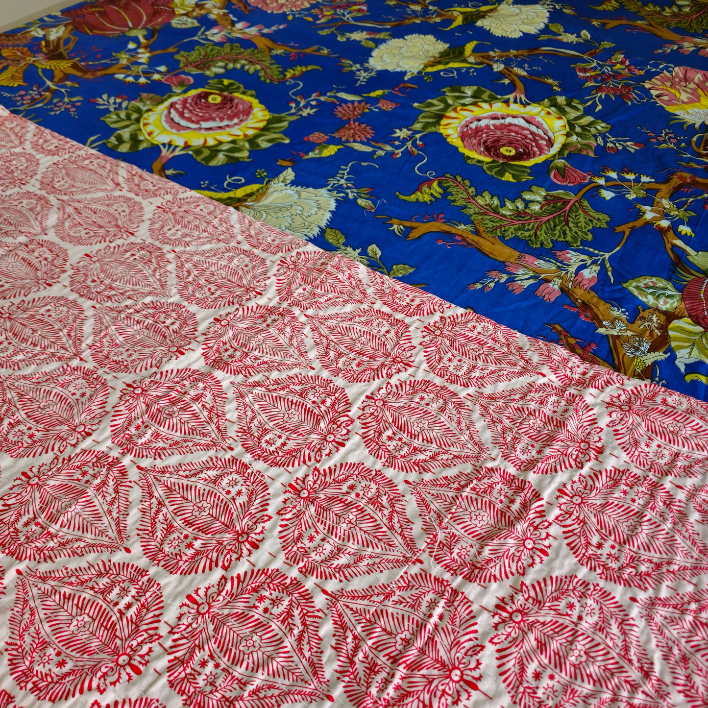White And Red Kantha Work King Size Bedcover