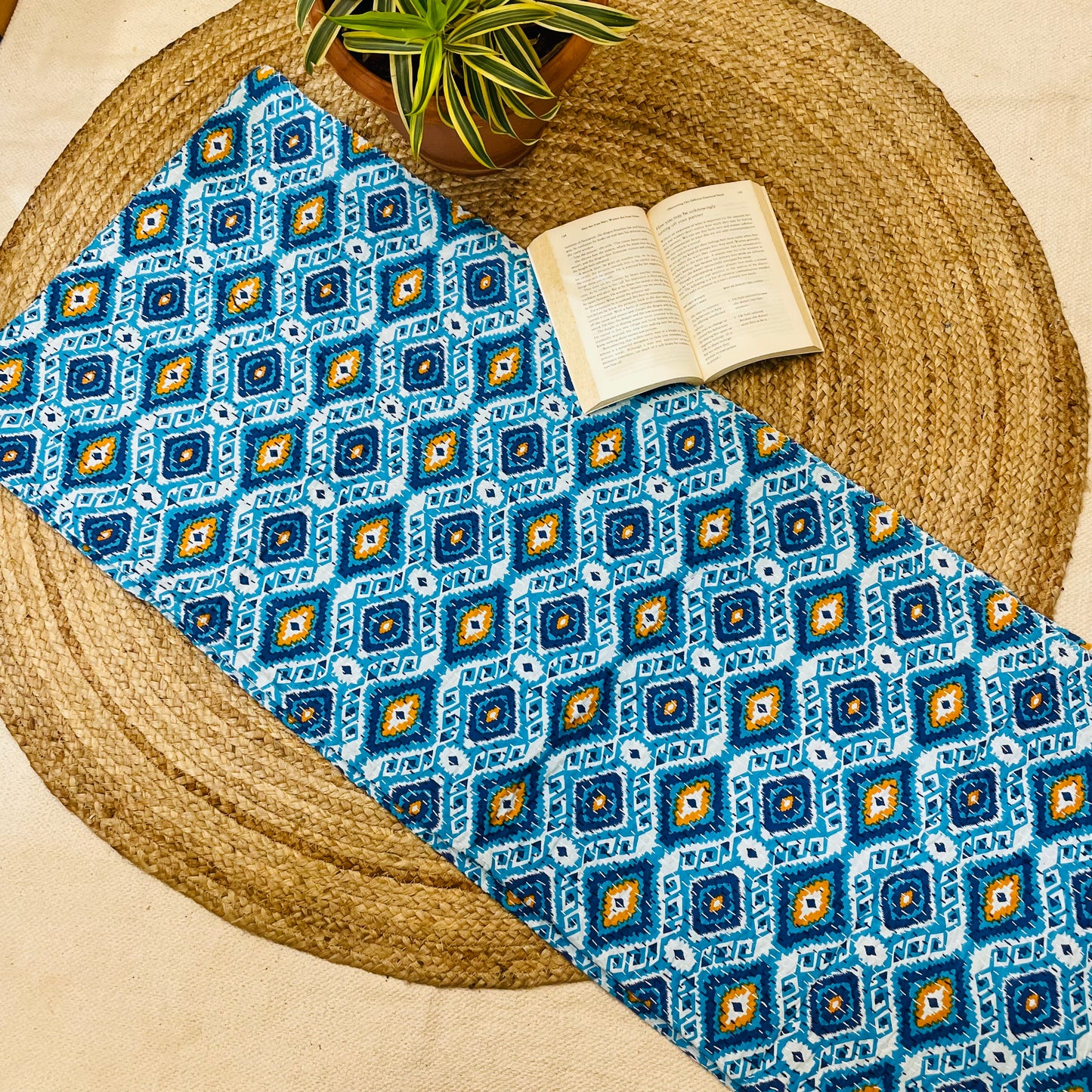 Blue Kantha Bedcover with Diamond Motifs | Handmade & Elegant