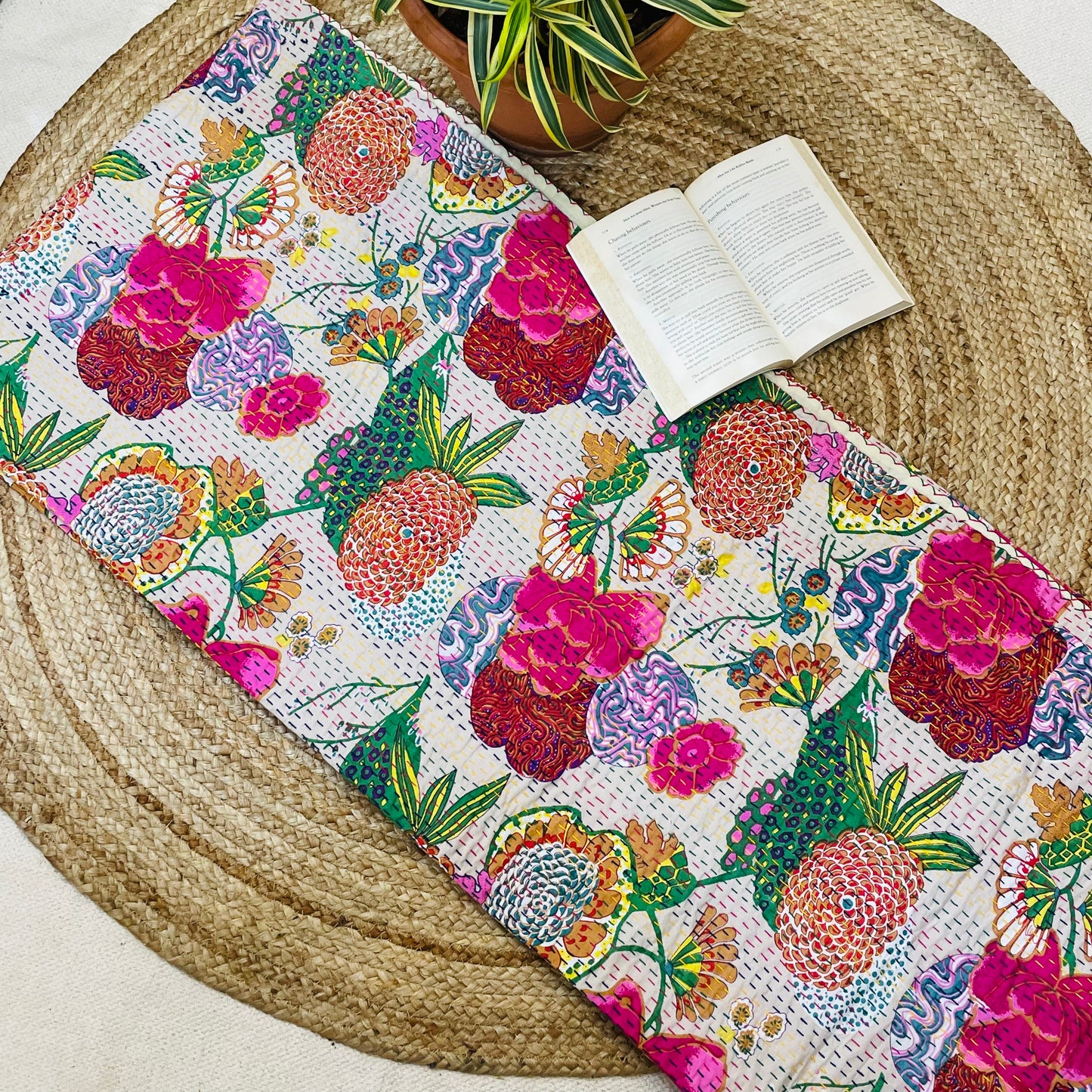 White Abstract Fruit Print Kantha Bedcover | Handmade & Stylish