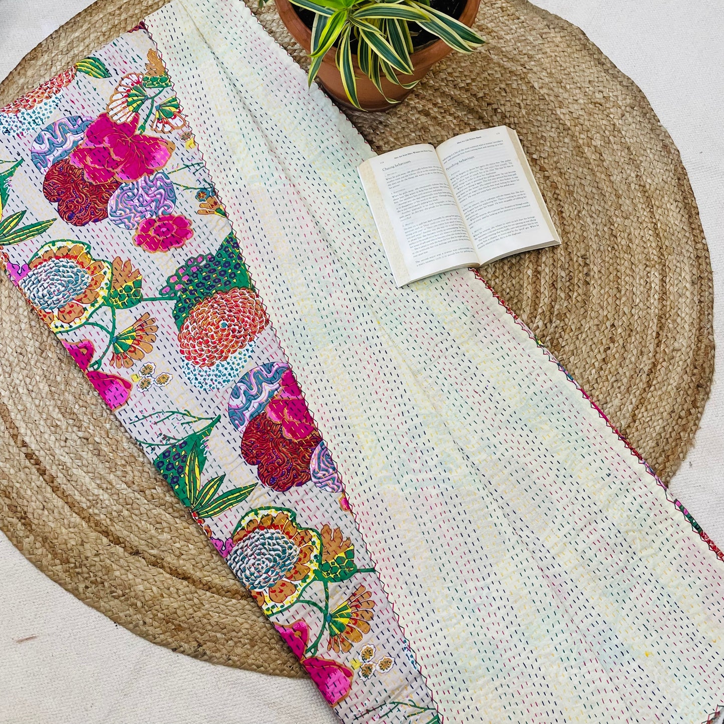 White Abstract Fruit Print Kantha Bedcover | Handmade & Stylish