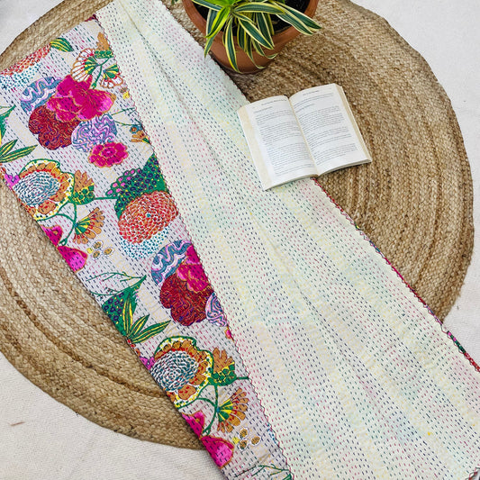 White Abstract Fruit Print Kantha Bedcover | Handmade & Stylish