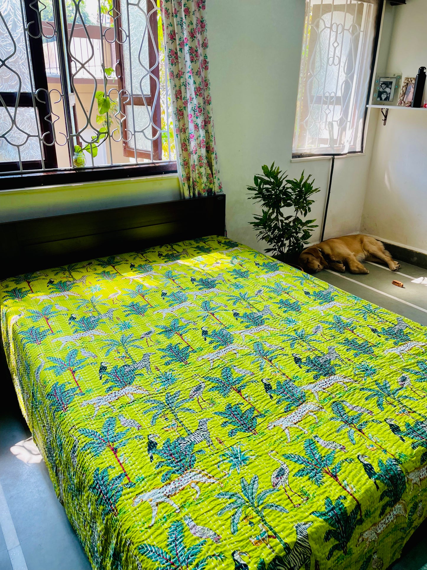 Bright Green Animal Print Kantha Bedcover | Reversible & Handmade