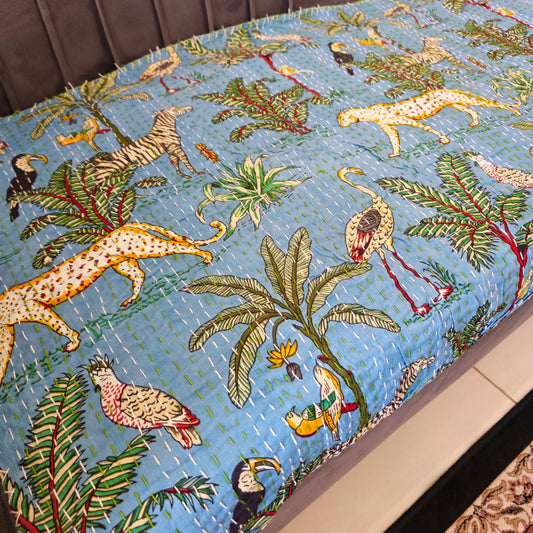 Blue Animal Print Kantha Sofa Cover