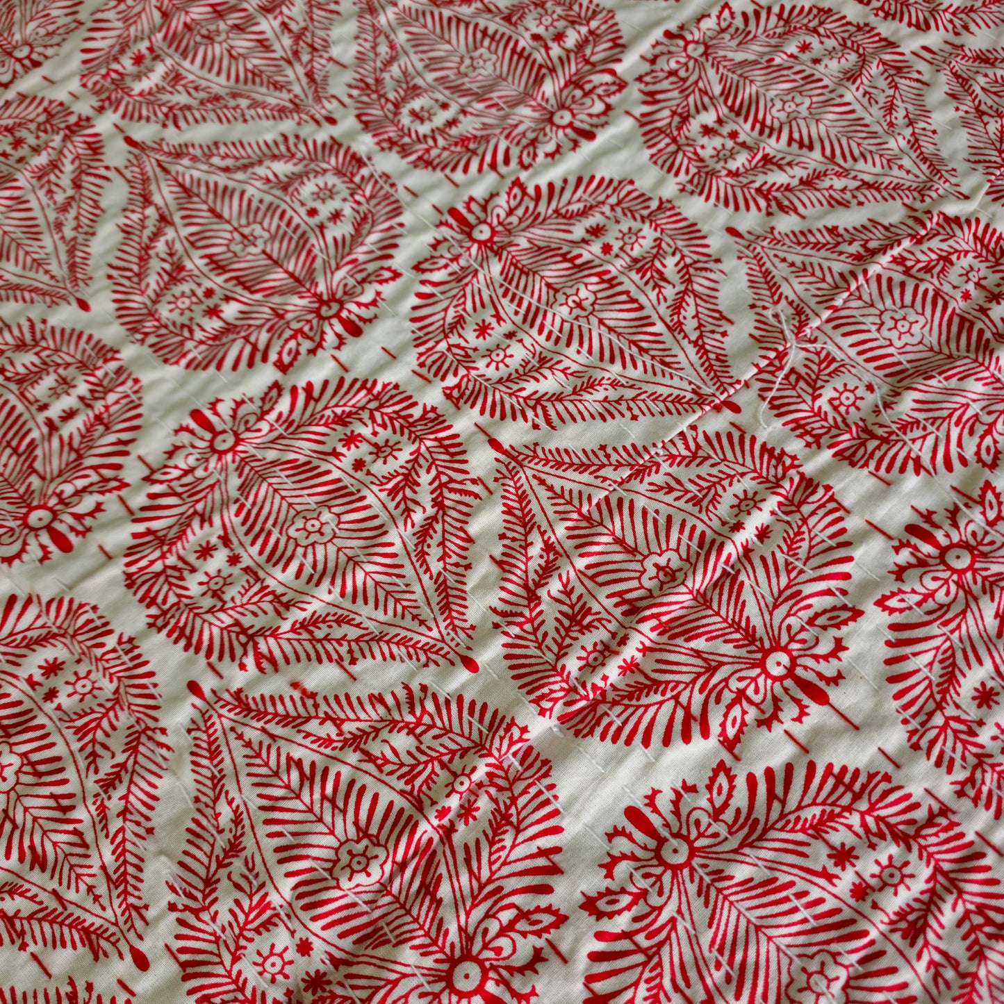 White And Red Kantha Work King Size Bedcover
