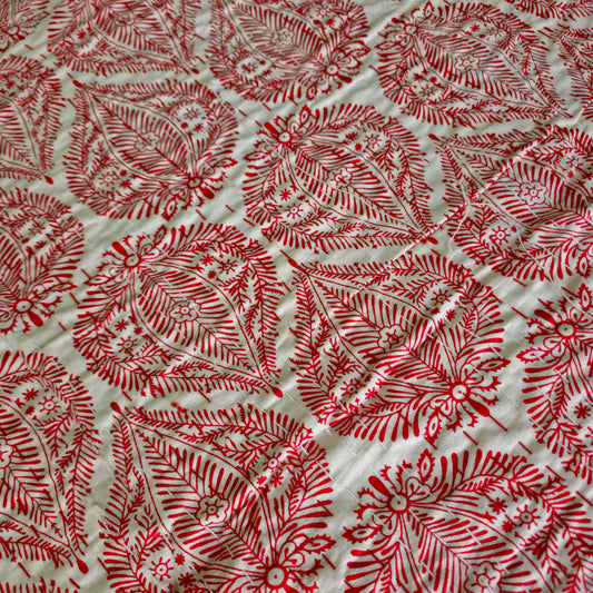 White And Red Kantha Work King Size Bedcover