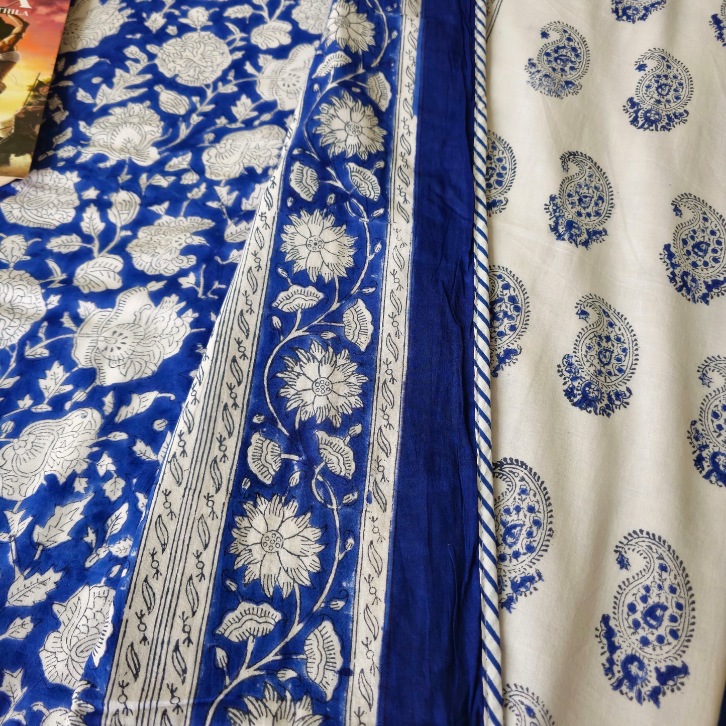 Indigo Blue Floral Print Pure Cotton Reversible Dohar King Size